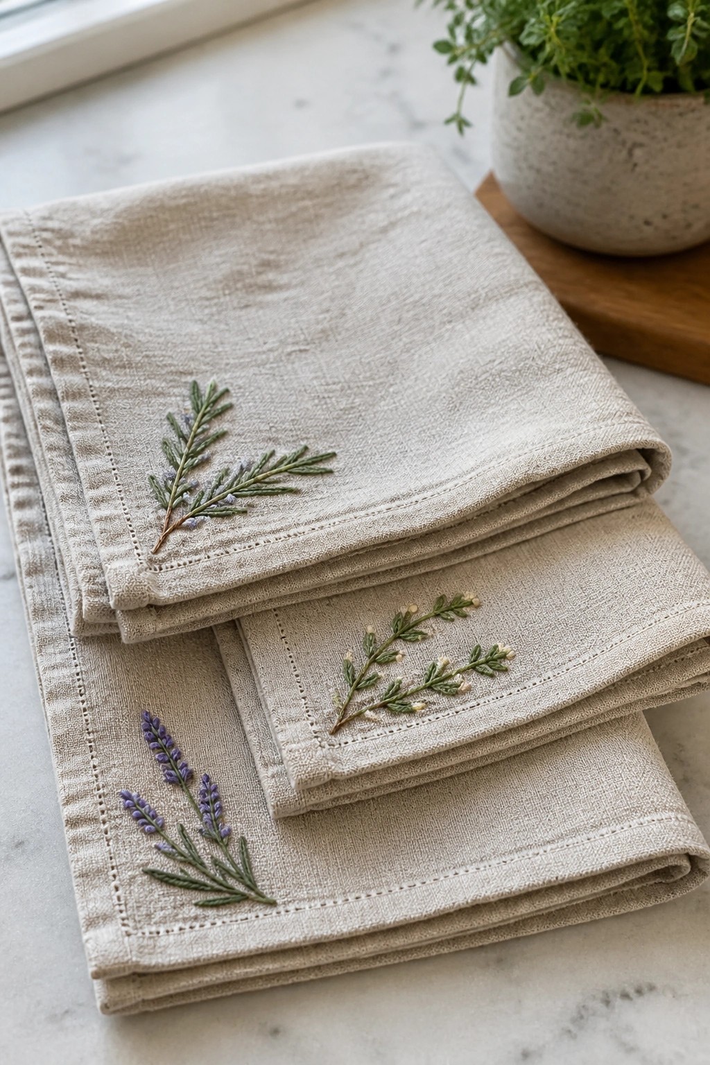Three folded beige linen napkins with small embroidered sprigs of lavender and greenery stitched near the corners.