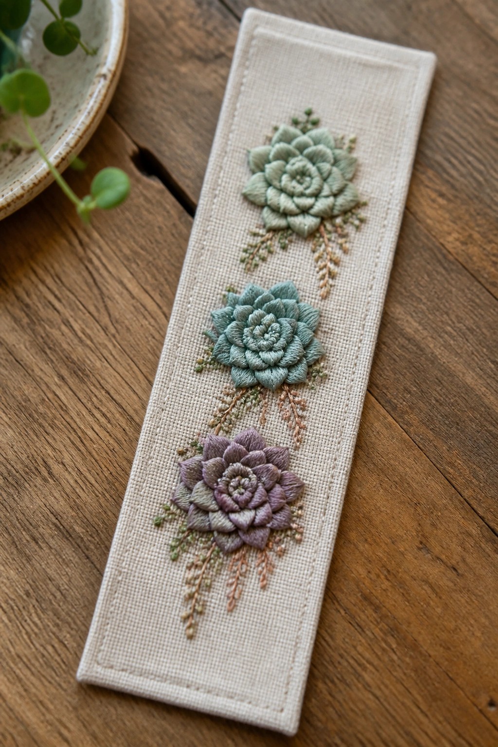 Three embroidered succulents in green and purple on beige fabric strip