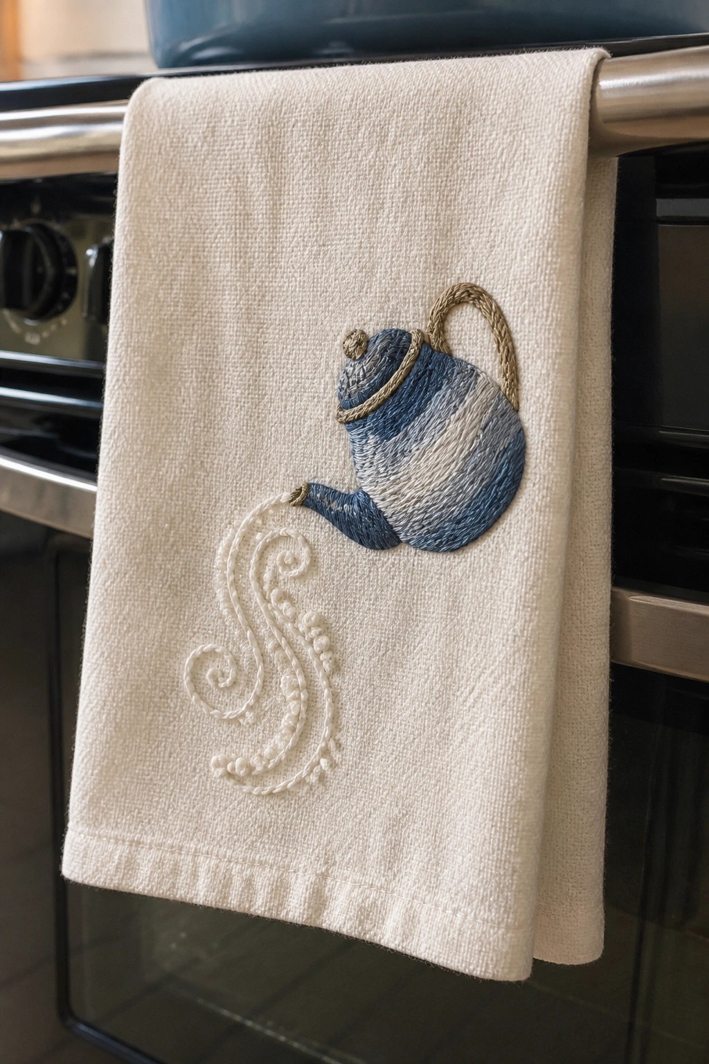 Embroidered cream towel with blue teapot pouring an S-shaped stream.