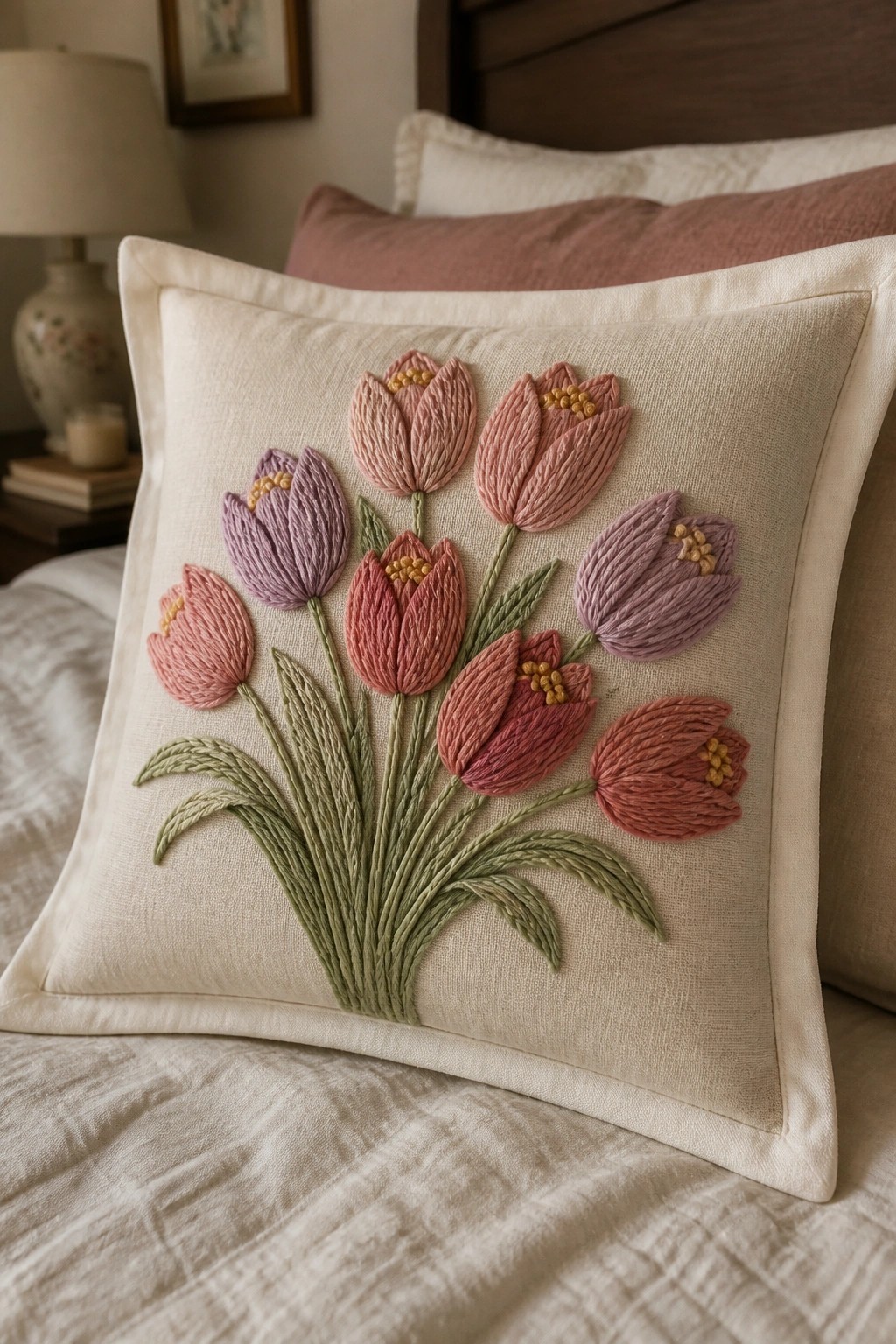Cream pillow embroidered with pink and purple tulips on a bed.