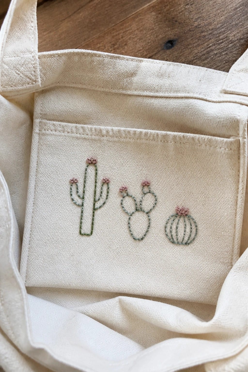 Cream canvas tote bag with three embroidered green cacti and pink flowers on pocket