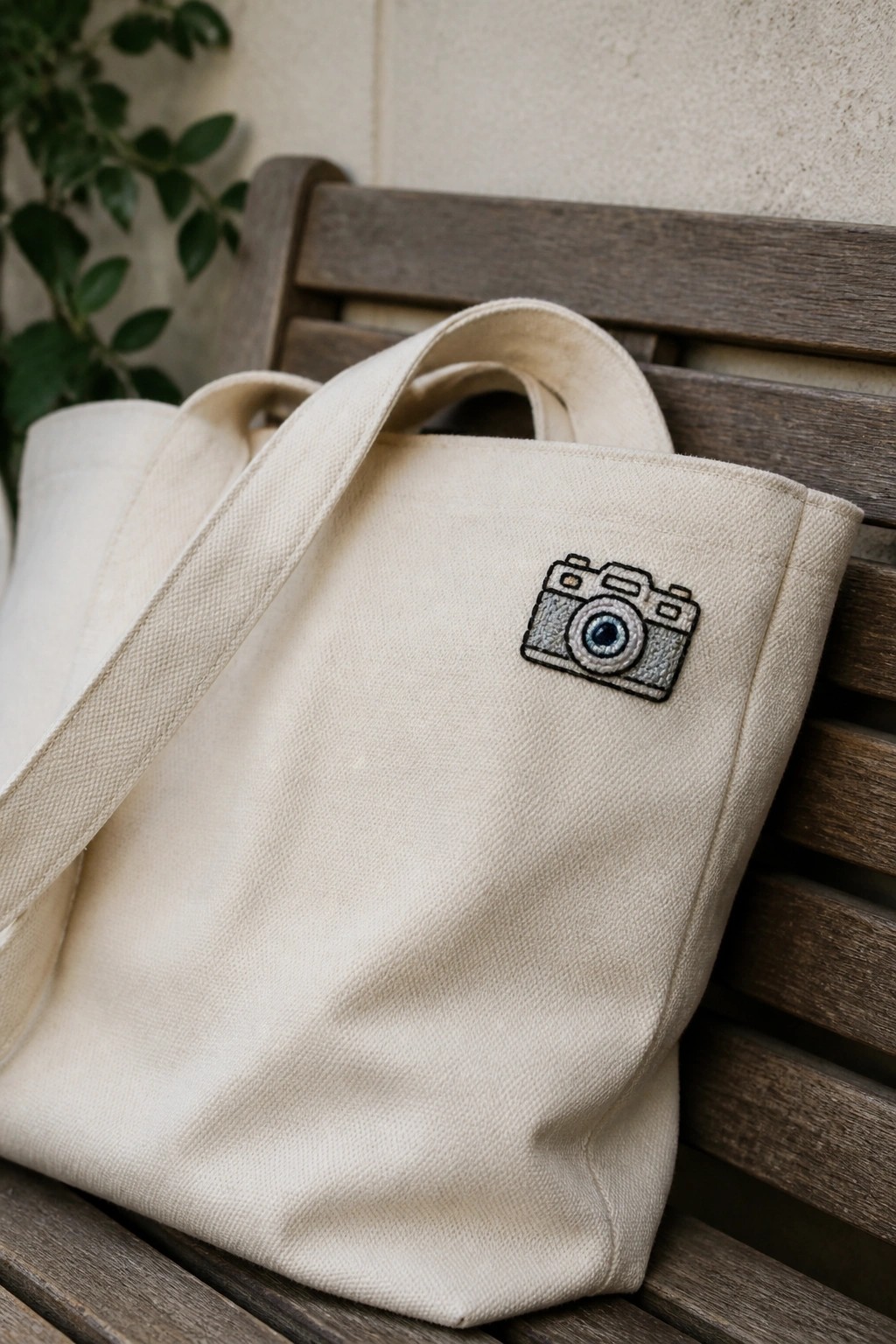 A beige canvas tote bag with a small embroidered camera on the front sits on a wooden bench.