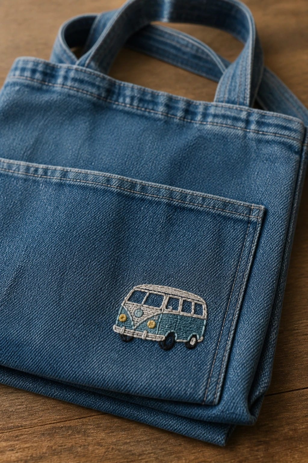 Close-up of a blue denim tote bag showing a small embroidered camper van on the front pocket.