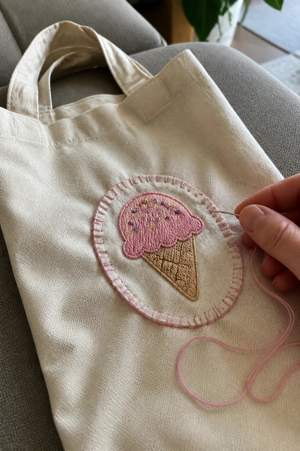 Hand embroidering pink border around ice cream cone on cream tote bag