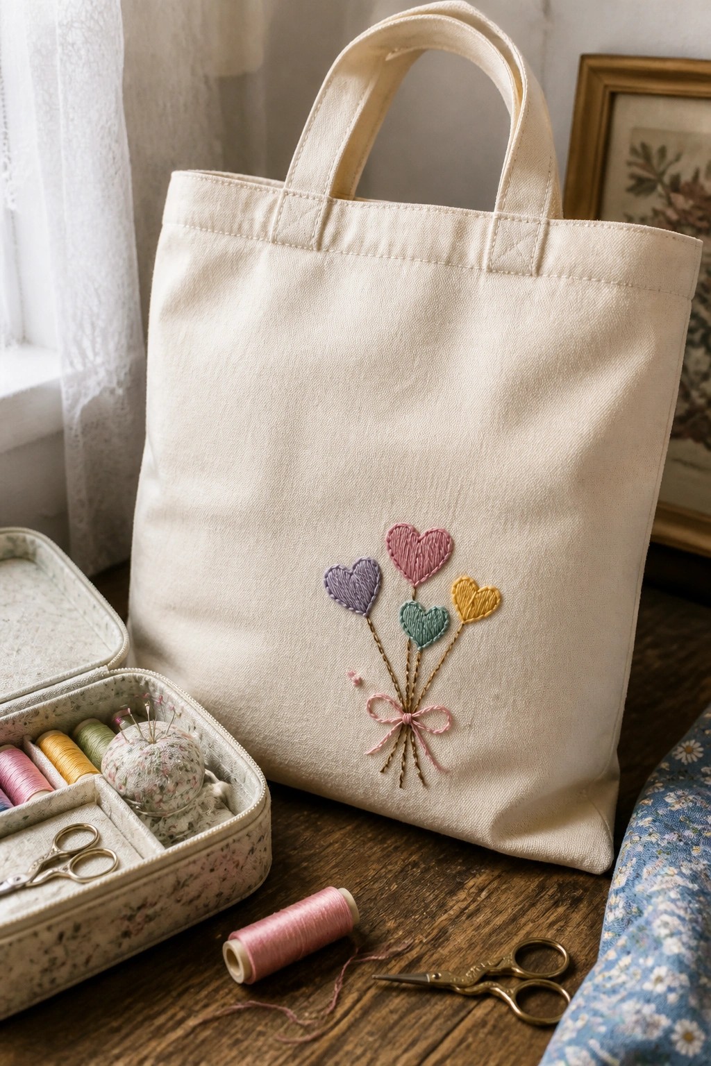 Cream tote bag with colorful embroidered heart balloons and bow, sewing supplies nearby.