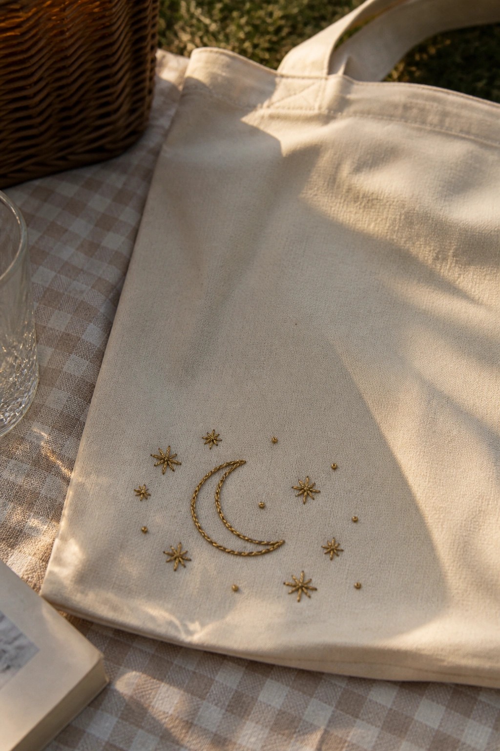 Cream tote bag with gold moon and stars embroidery on gingham picnic blanket