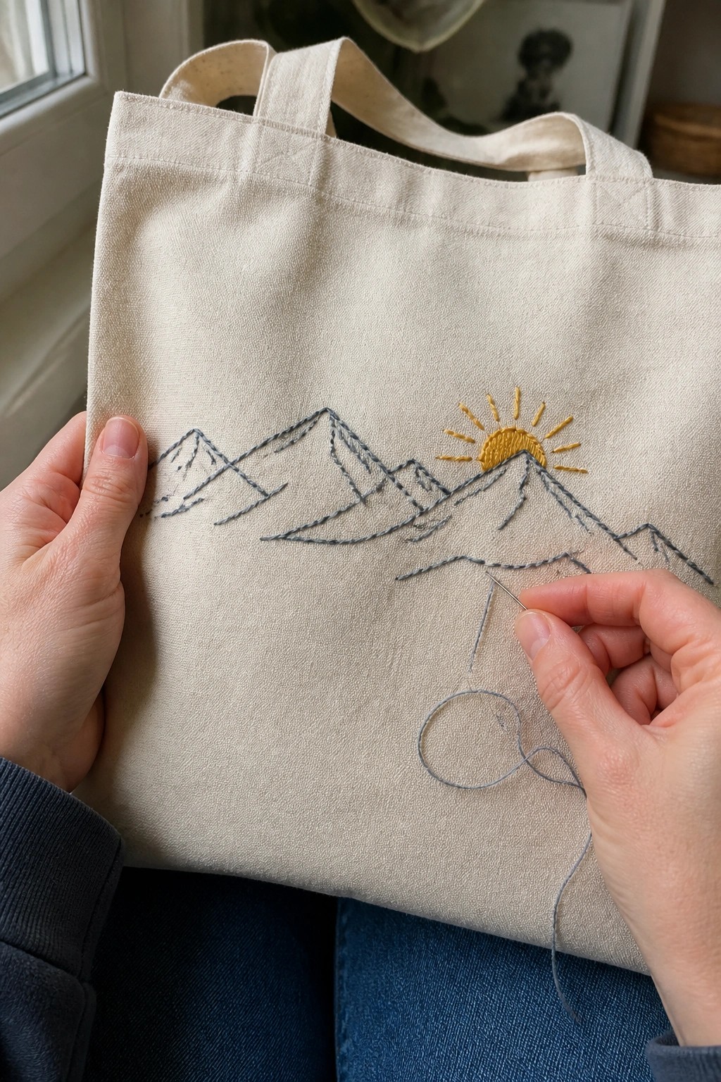 Hands embroidering mountain range and sun on beige canvas tote bag