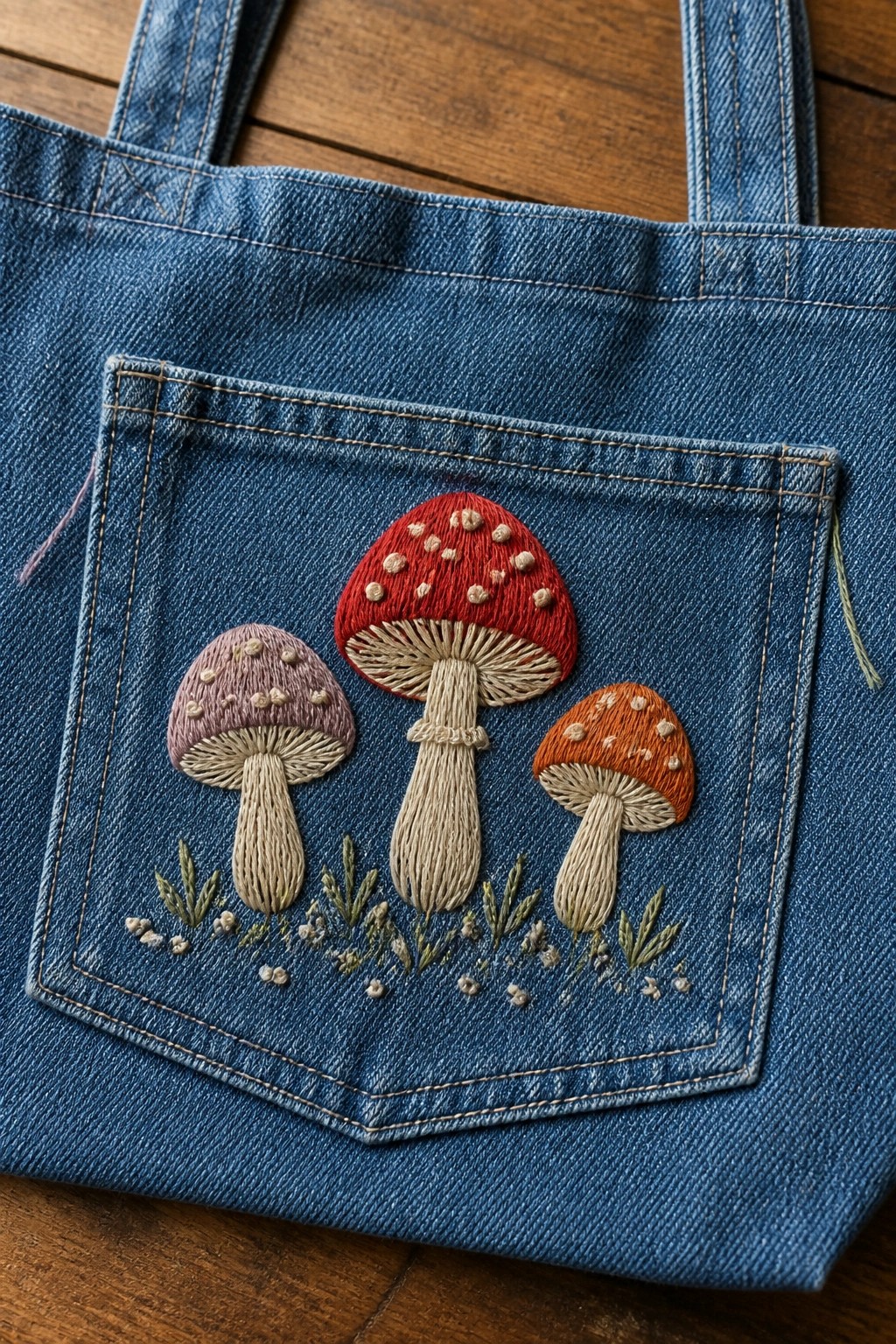 Denim tote bag pocket embroidered with red, purple, and orange mushrooms and grass