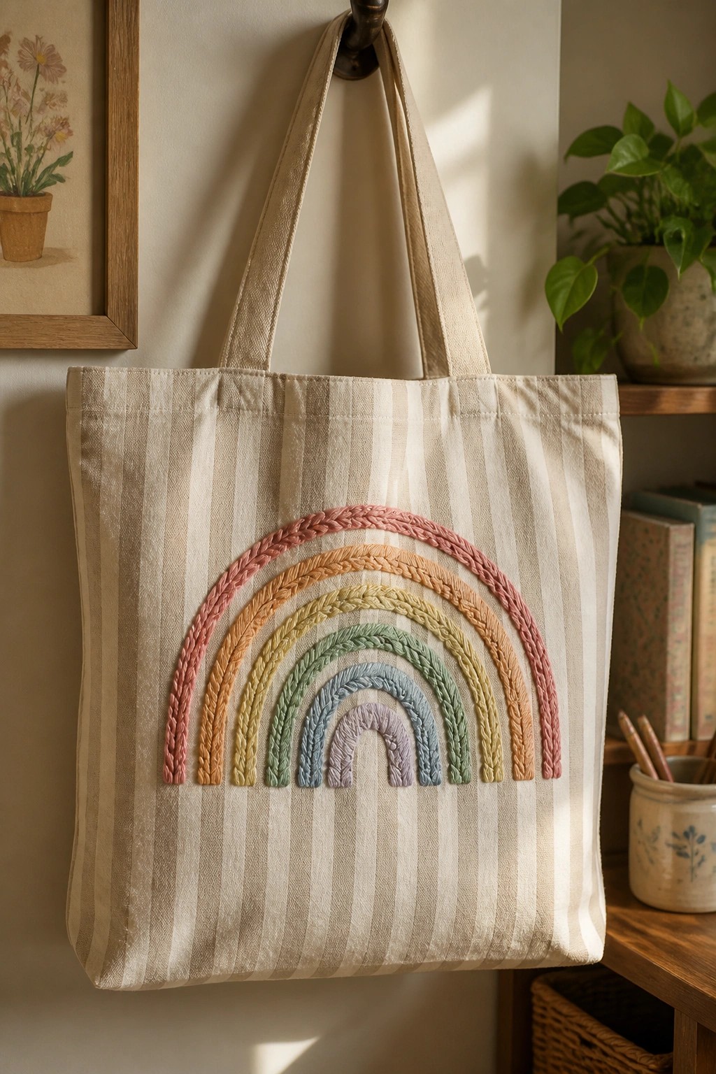 Striped canvas tote bag with pastel rainbow embroidery hanging on a hook.