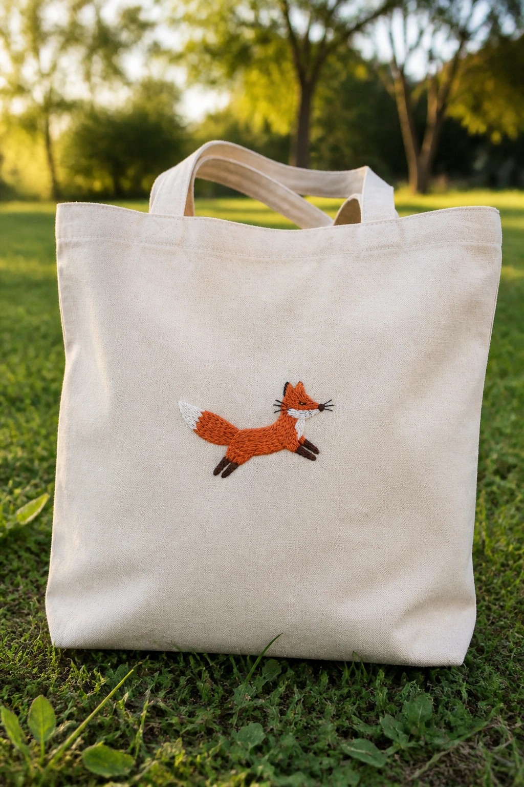Beige canvas tote bag with orange embroidered fox on green grass outdoors.