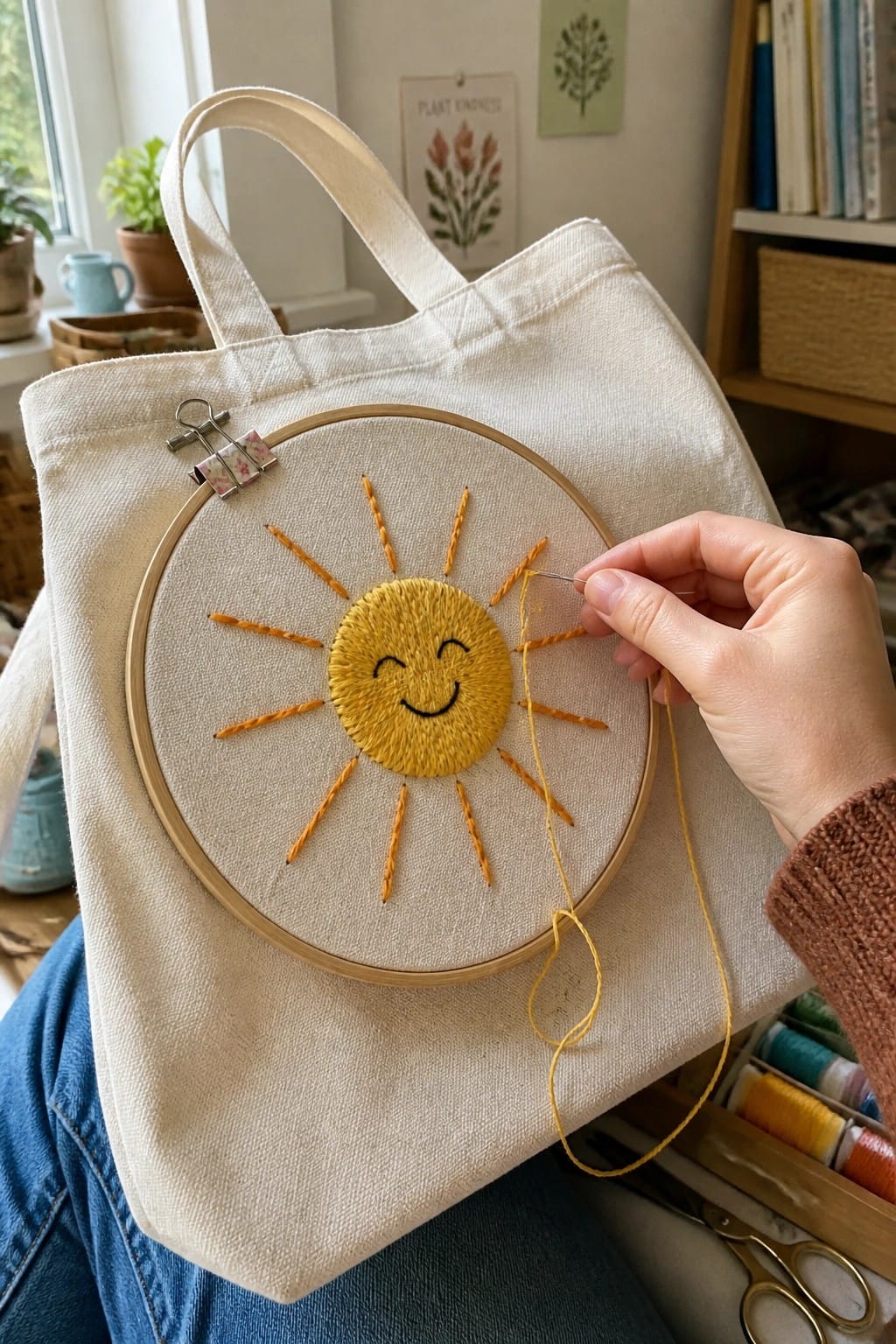 A hand stitches a yellow smiling sun with orange rays onto a canvas tote bag held in a wooden embroidery hoop.