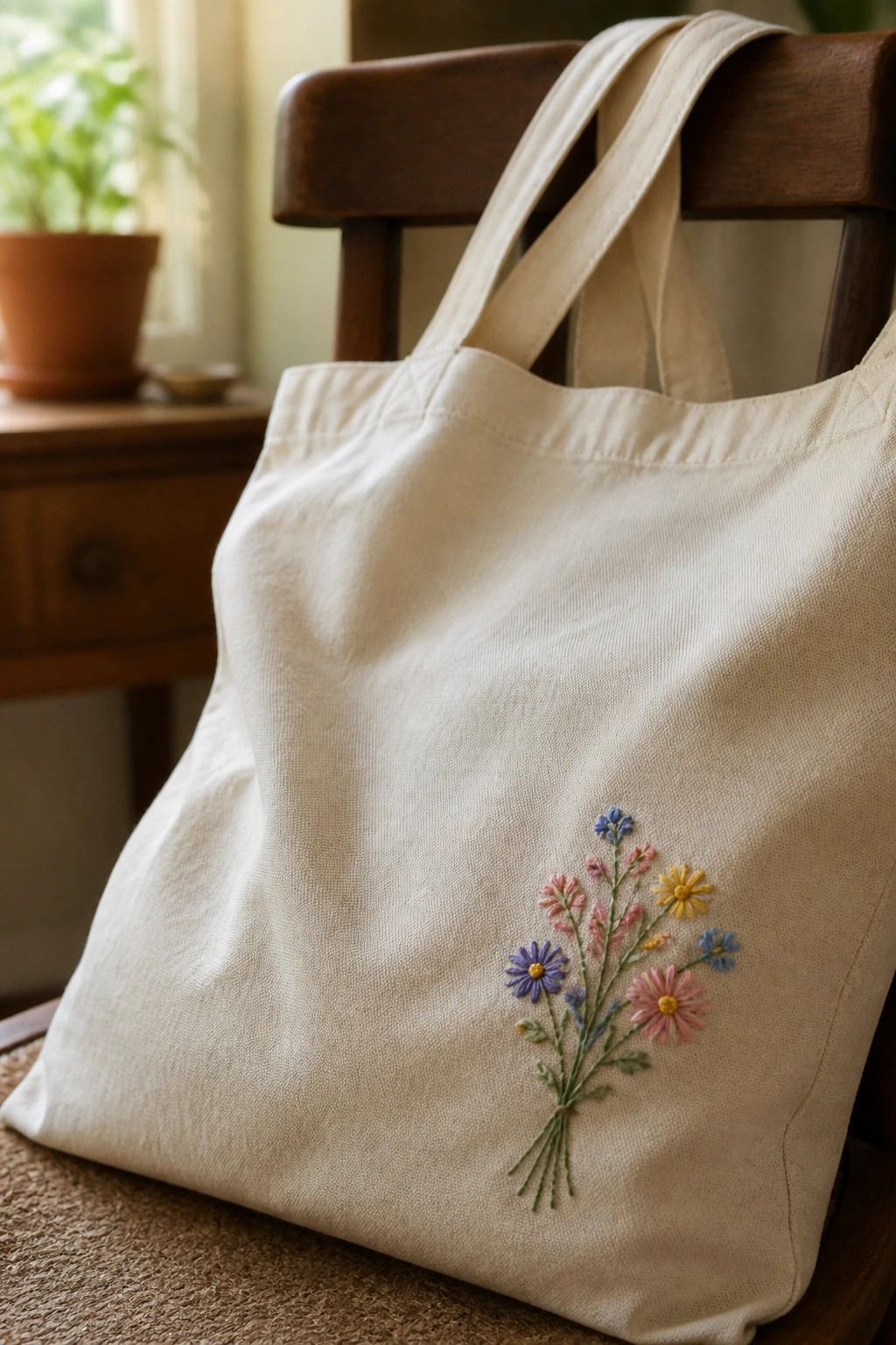 Cream canvas tote bag with colorful floral embroidery on wooden chair