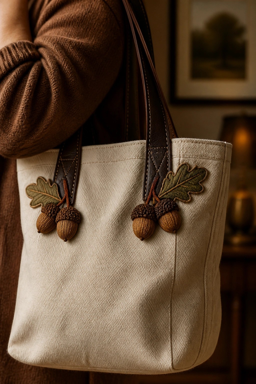 Person in brown sweater holding beige tote bag with acorn and oak leaf embroidery