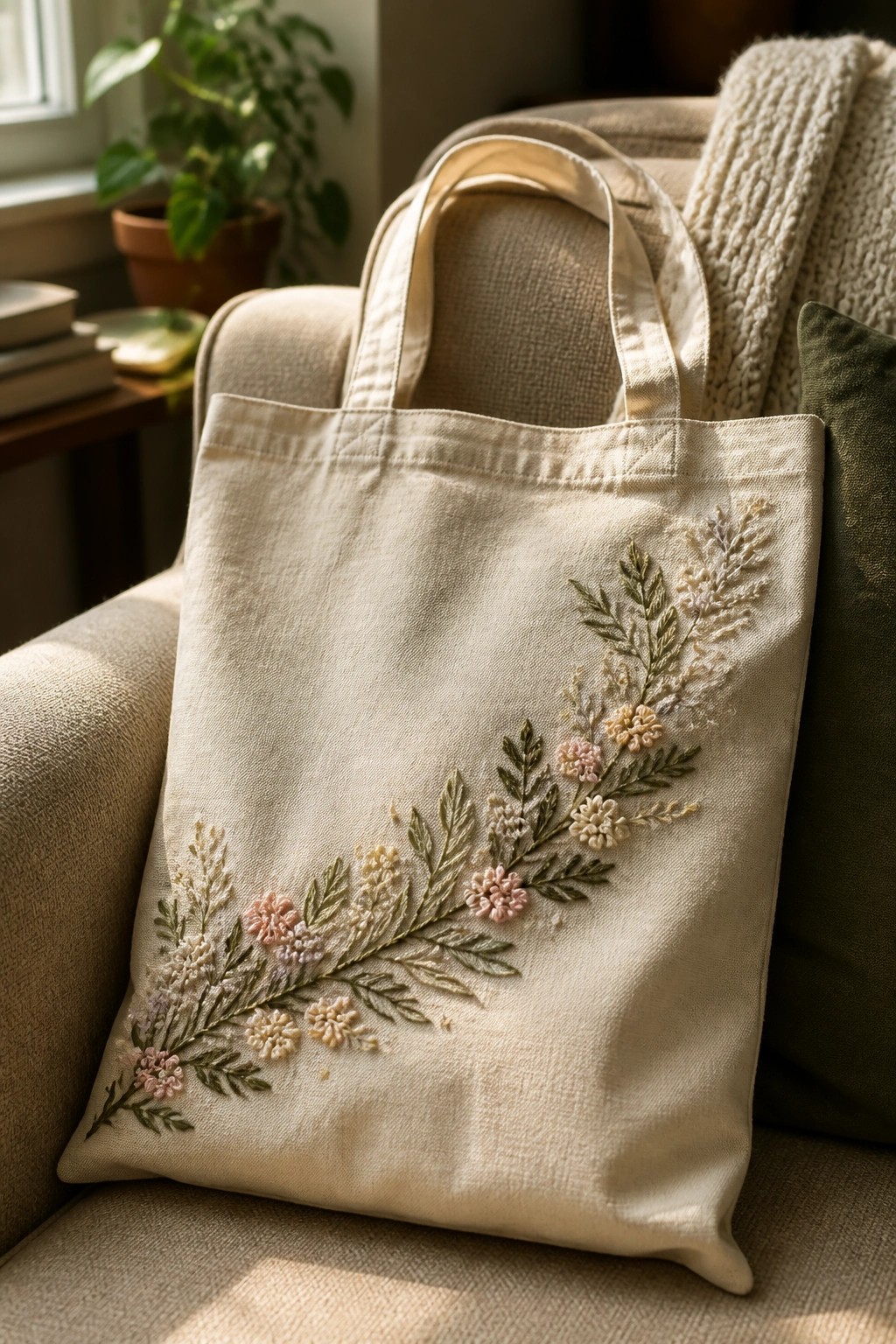 Cream tote bag with pink floral embroidery resting on beige armchair beside blanket