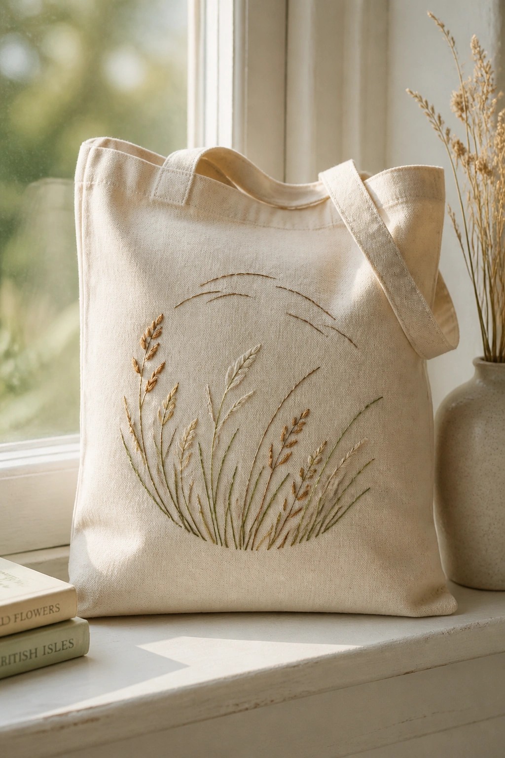 Beige canvas tote bag embroidered with a fan of grass stalks in brown and green threads on the front panel, placed on a windowsill.