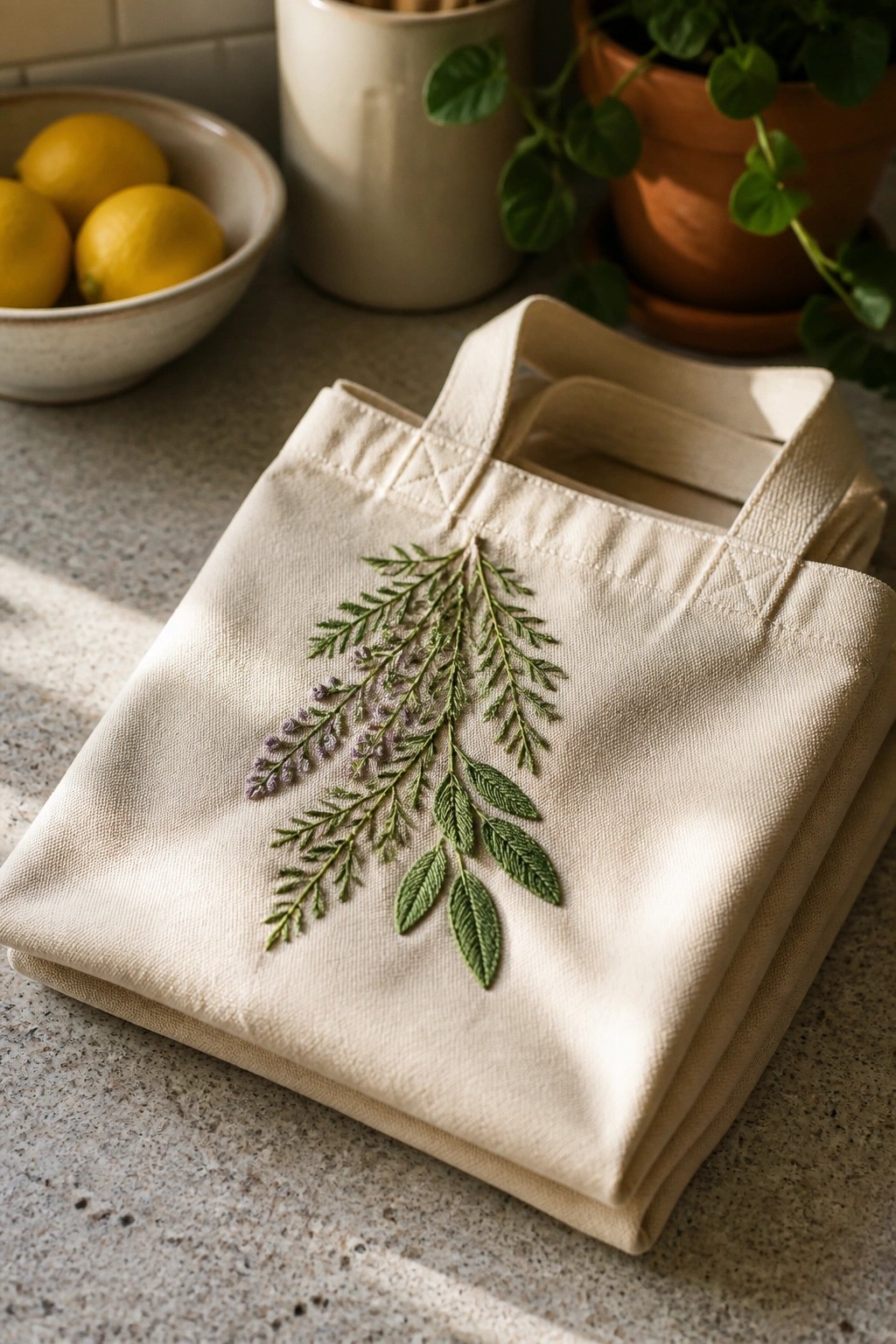 A cream canvas tote bag with embroidered green and purple sprigs sits folded on a countertop.