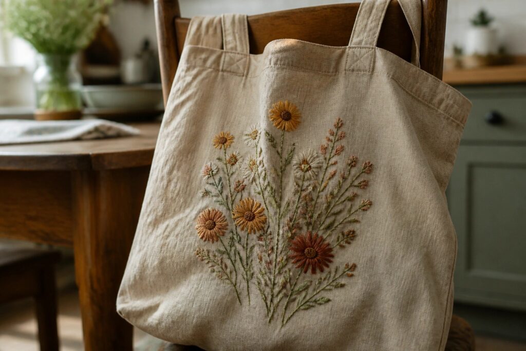 21 Nature Inspired Tote Bag Embroidery Ideas Full of Leaves, Flowers, and Earthy Details Beige tote bag with colorful wildflower embroidery draped over wooden chair
