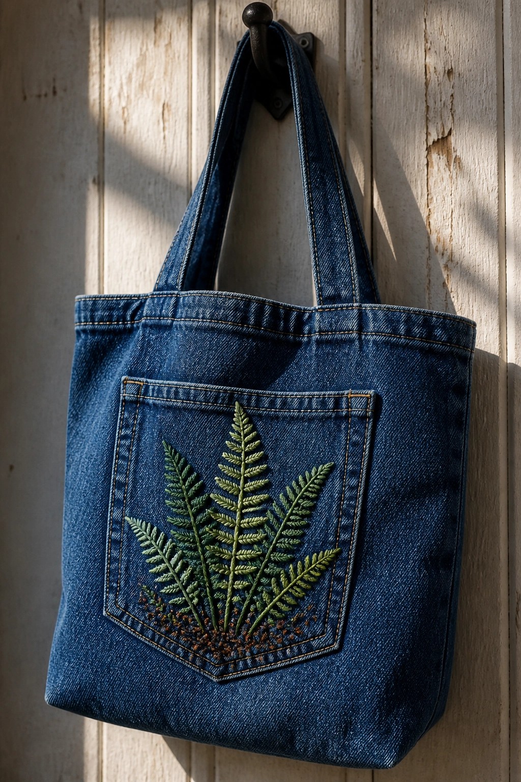 Blue denim tote bag with green fern embroidery hanging on wooden hook.