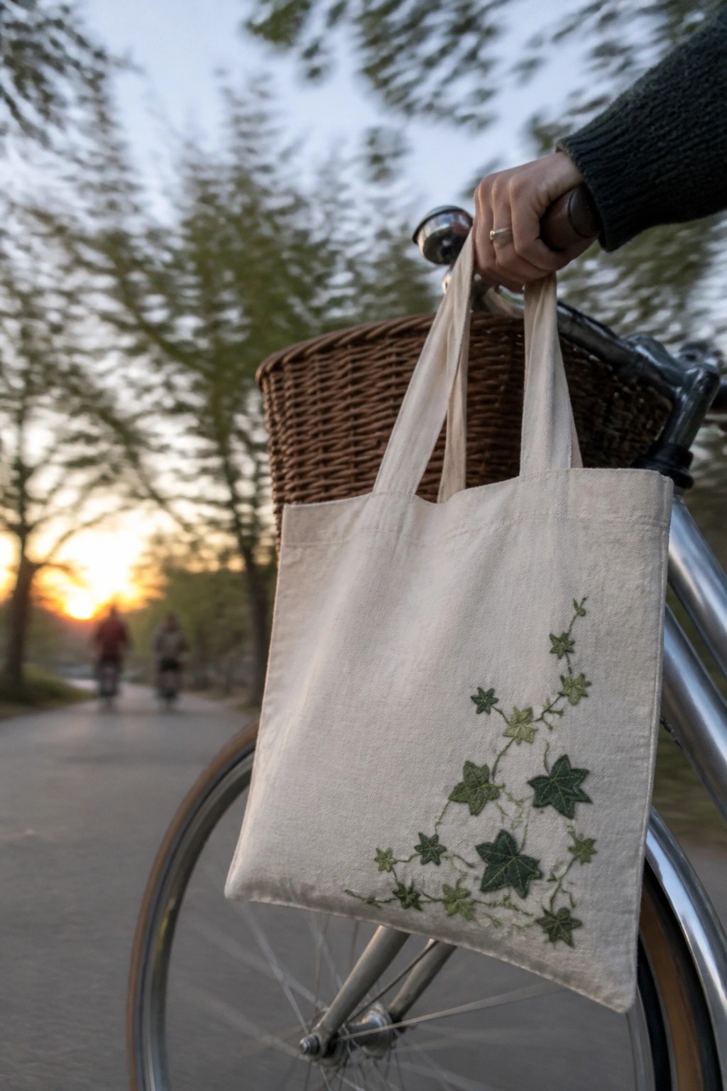 A light canvas tote bag embroidered with a green ivy vine hangs from a bicycle handlebar.