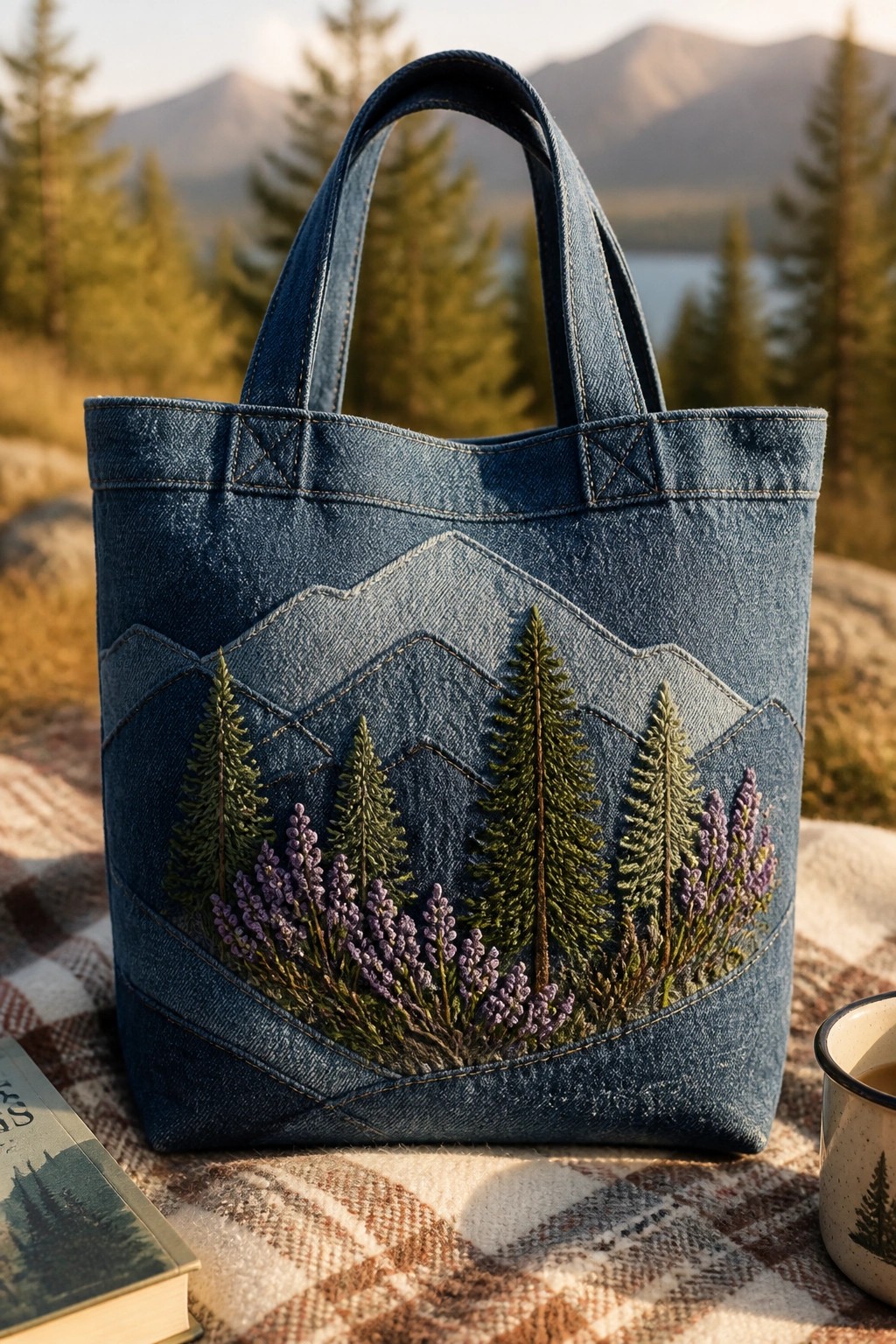 A blue denim tote bag with an embroidered mountain scene featuring green trees and purple flowers rests on a plaid blanket outdoors.