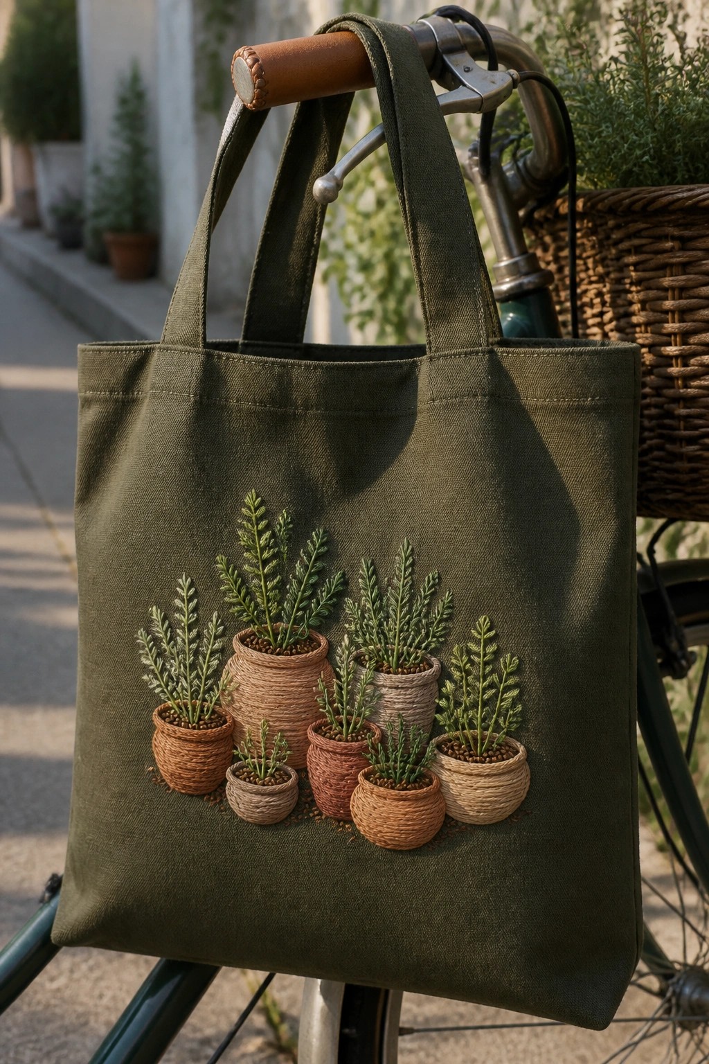 A green canvas tote bag with embroidered potted plants hangs from a bicycle handlebar.