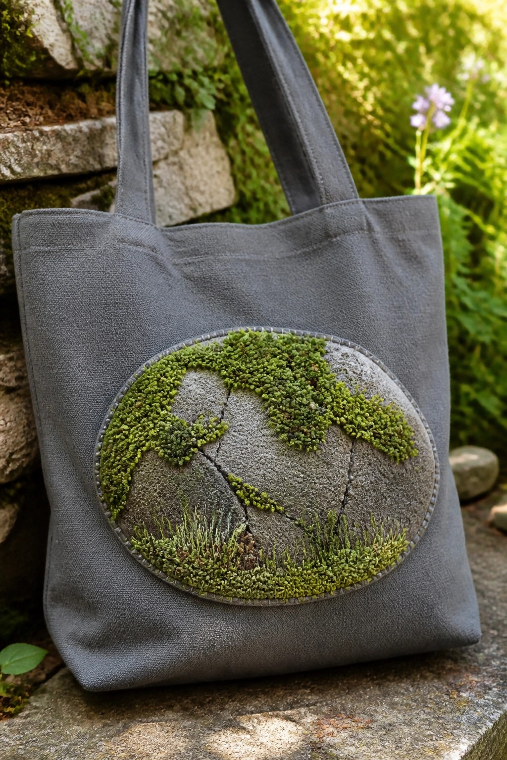 Gray tote bag with circular green moss patch on stone ledge