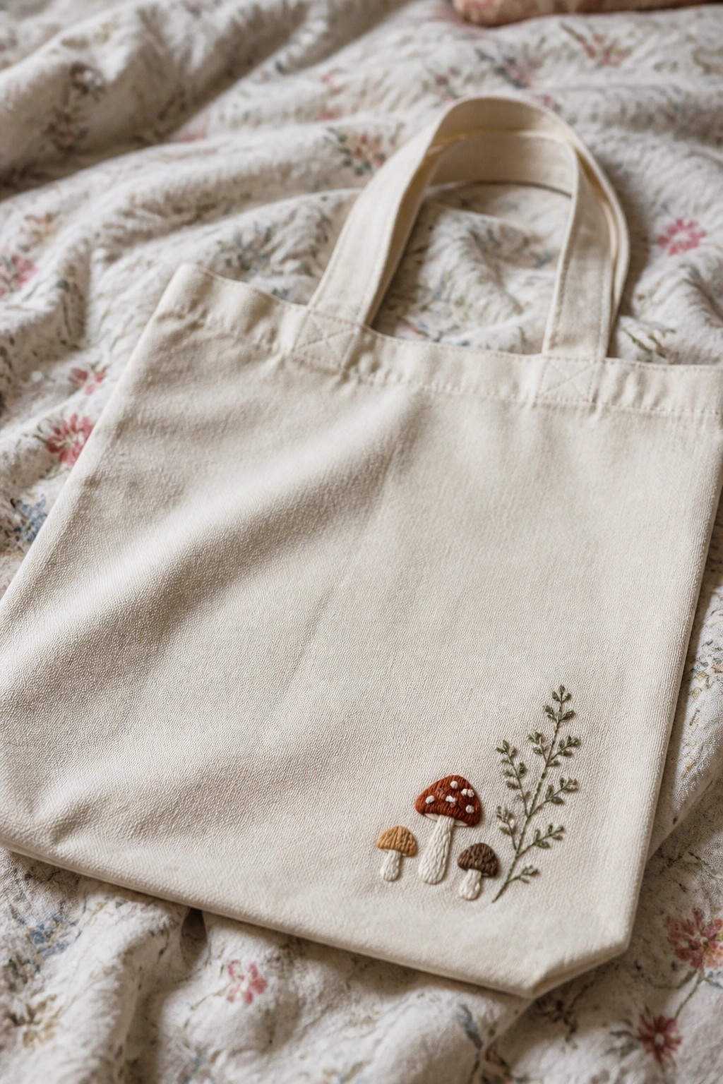 A cream canvas tote bag with three embroidered mushrooms and a leafy branch in the bottom right corner.