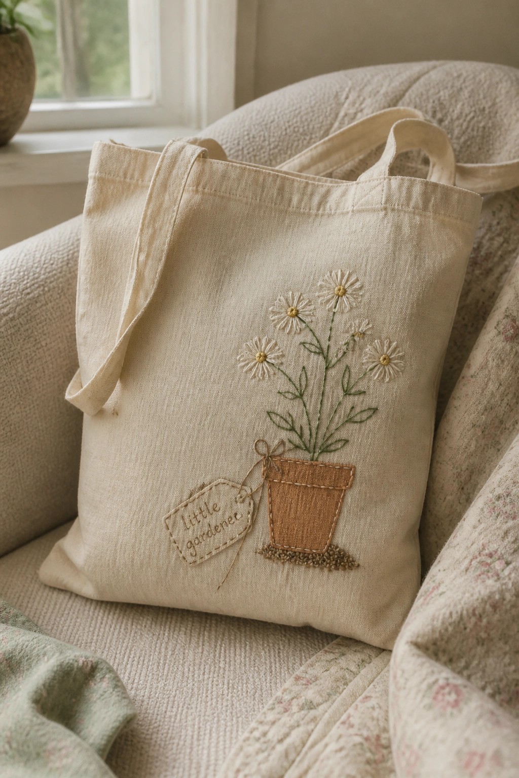 Cream tote bag embroidered with potted daisies, green stems, and