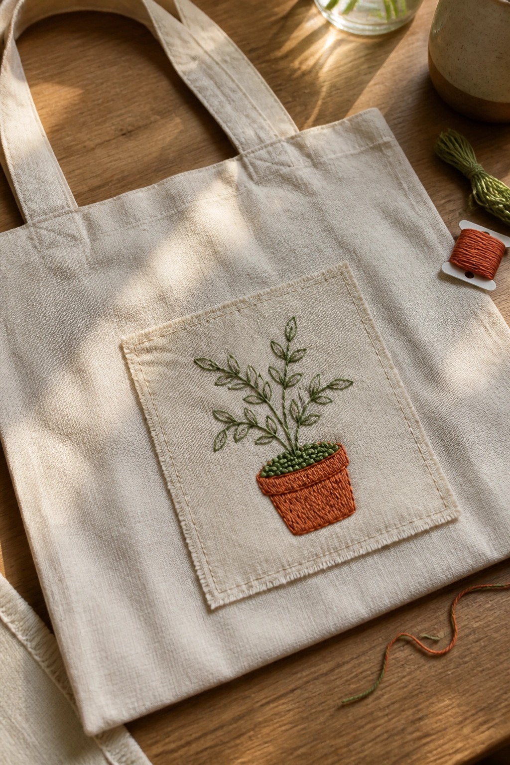 Embroidered potted plant on the pocket of a beige canvas tote bag on a wooden table.