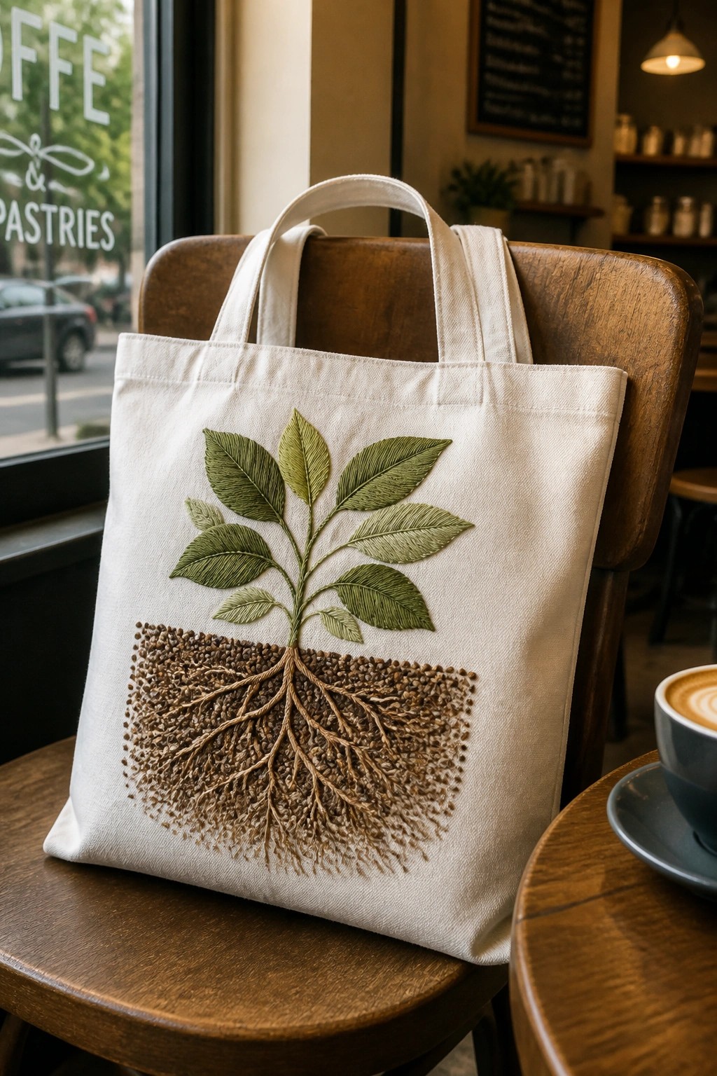 White embroidered tote bag with green plant and roots on wooden chair