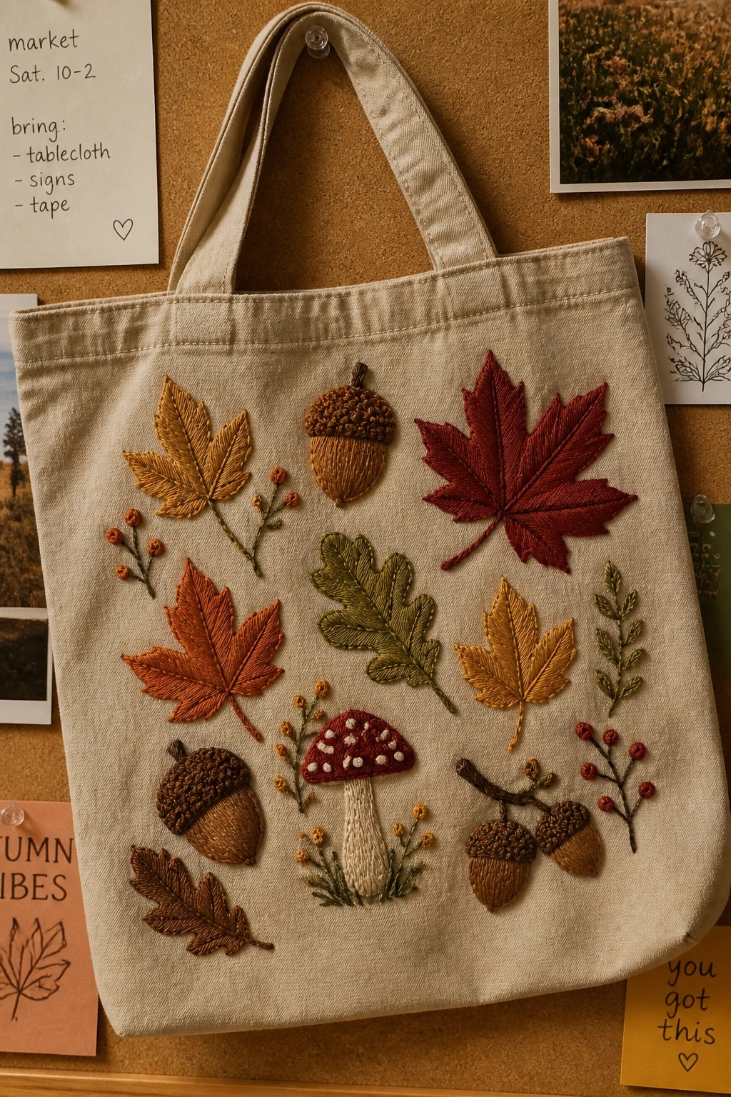 Embroidered beige tote bag with autumn leaves, acorns, and mushroom on corkboard.