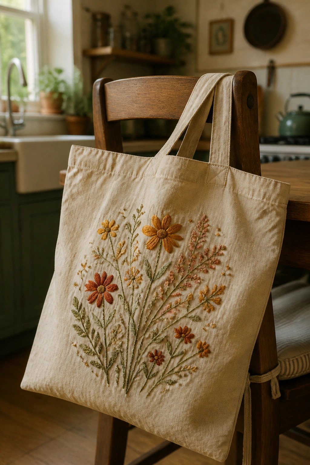 Beige tote bag with colorful wildflower embroidery draped over wooden chair