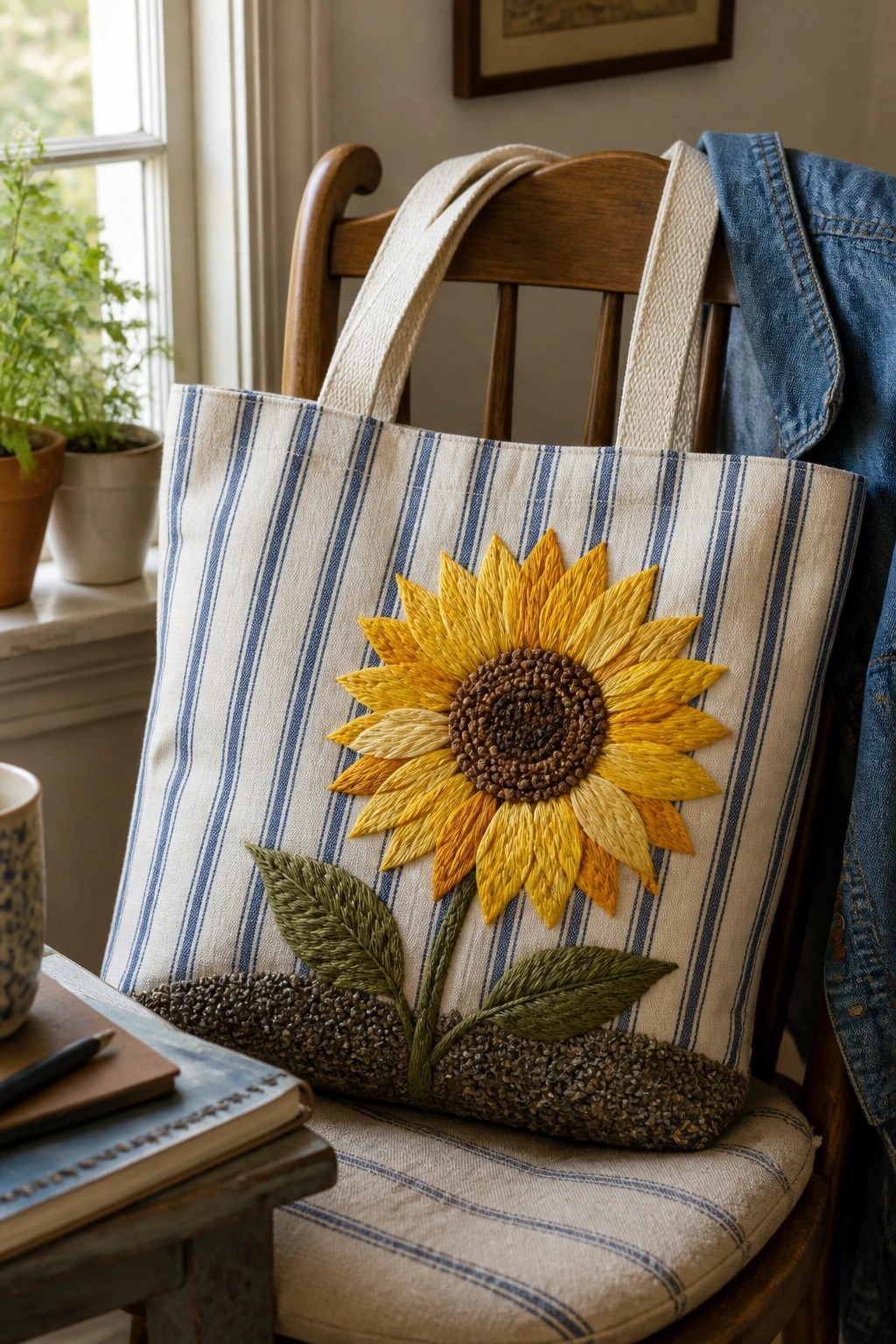 Striped tote bag with embroidered sunflower on wooden chair beside denim jacket