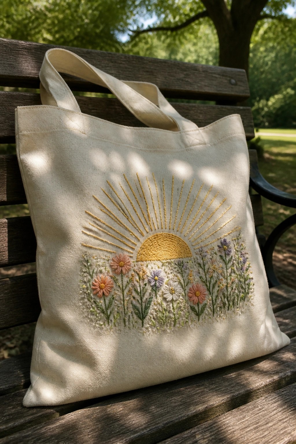 A canvas tote bag with a golden sunrise and wildflower embroidery rests on a wooden park bench.
