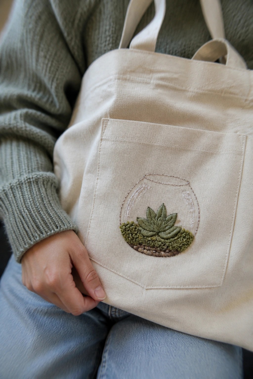 A canvas tote bag pocket embroidered with a small terrarium containing layered green plants and pebbles.