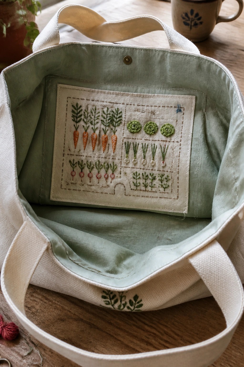 Open canvas tote bag showing a rectangular embroidered patch on the interior pocket with sections of carrots, cabbages, radishes, and leafy plants.