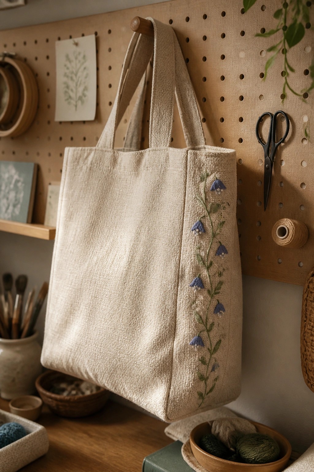 A beige canvas tote bag with a vertical embroidery of blue bell flowers and green stems along one side.