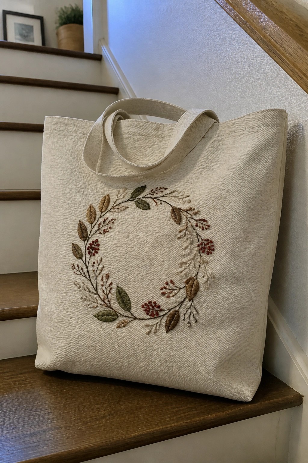 A beige canvas tote bag embroidered with a circular wreath of leaves and berries sits on a wooden stair step.