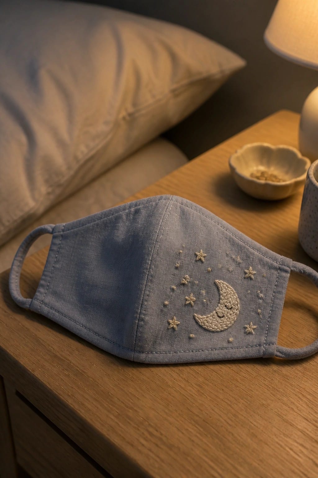 Blue fabric face mask with embroidered moon and stars on wooden nightstand