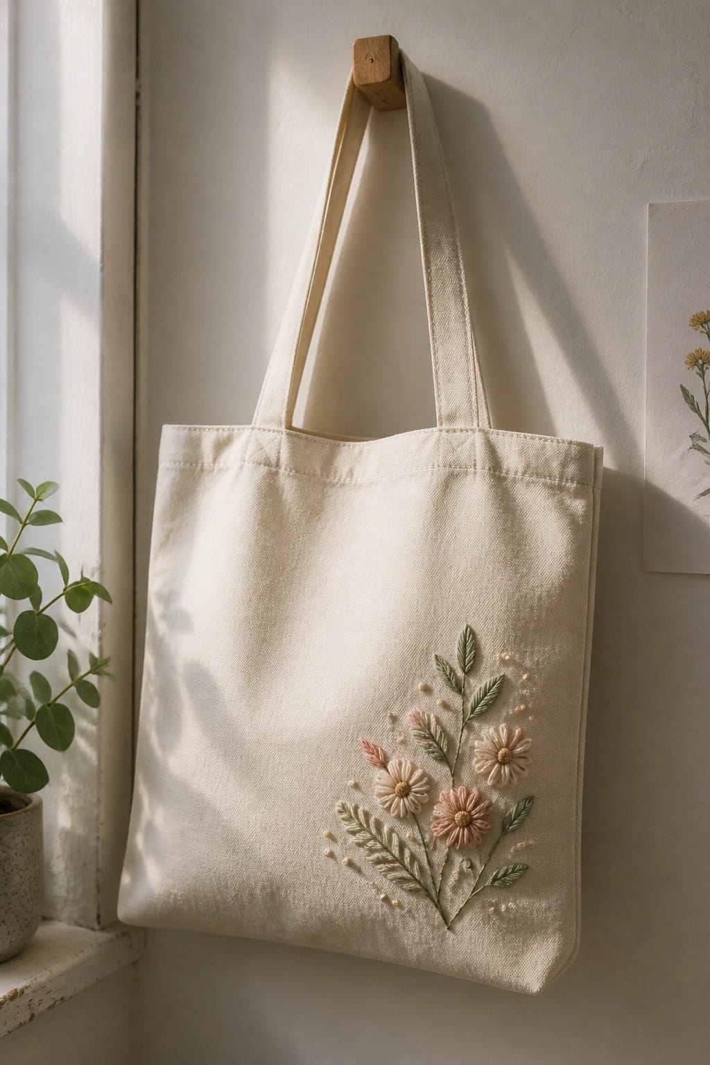 Cream tote bag with pastel floral embroidery hanging from wooden hook on wall