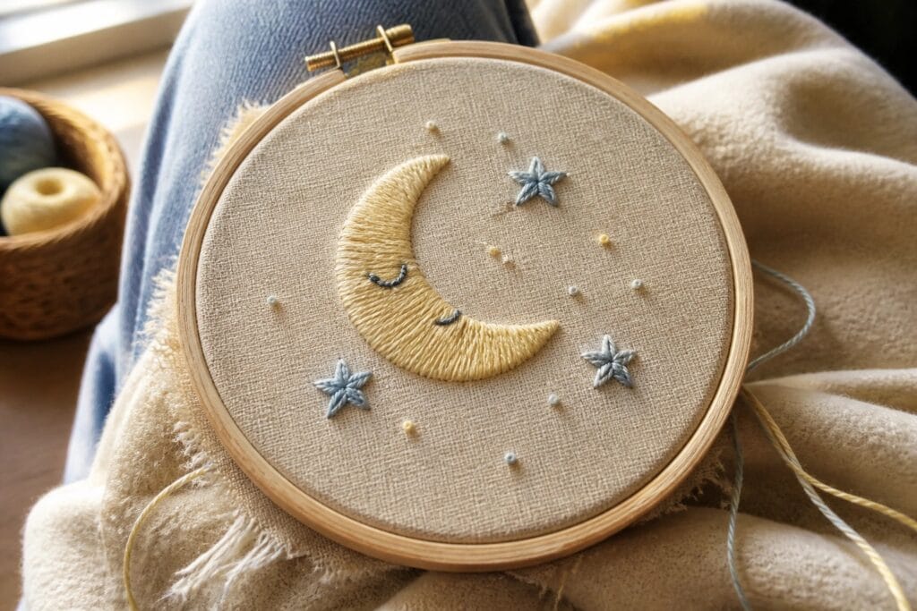 Embroidery hoop with golden moon and blue stars on beige fabric over lap
