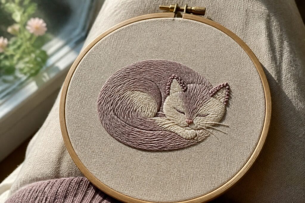 Embroidery hoop with beige fabric showing five pastel mushrooms in pink, green, and yellow plus a grass base.
