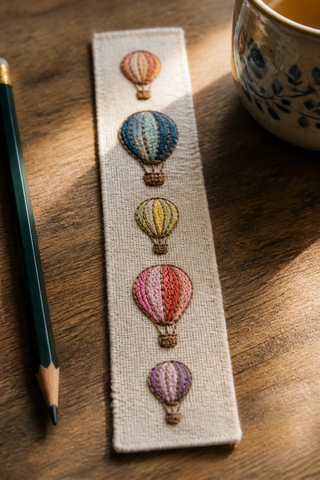 A narrow strip of linen embroidered with five hot air balloons in different colors stacked vertically, placed beside a green pencil on a wooden surface.