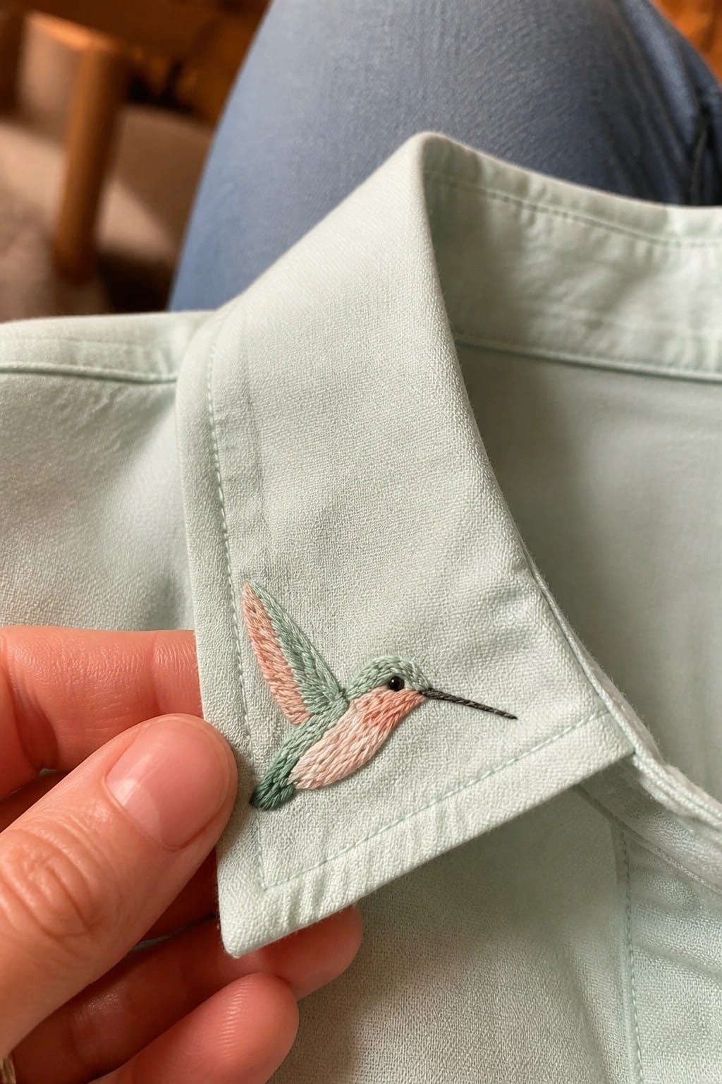 Small embroidered hummingbird in green and pink on the collar of a mint shirt.