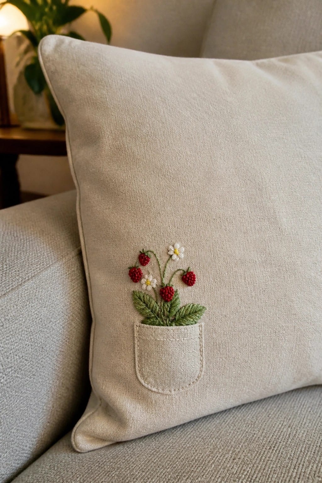 Open beige pouch with pink embroidered ice cream cone, gingham lining, and coins.