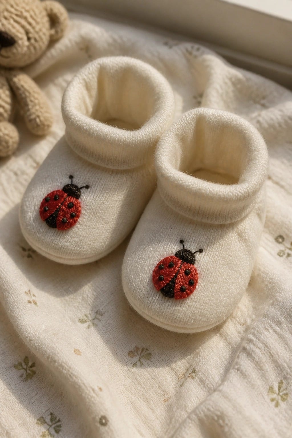 White baby booties with red and black ladybug embroidery on a patterned fabric surface.