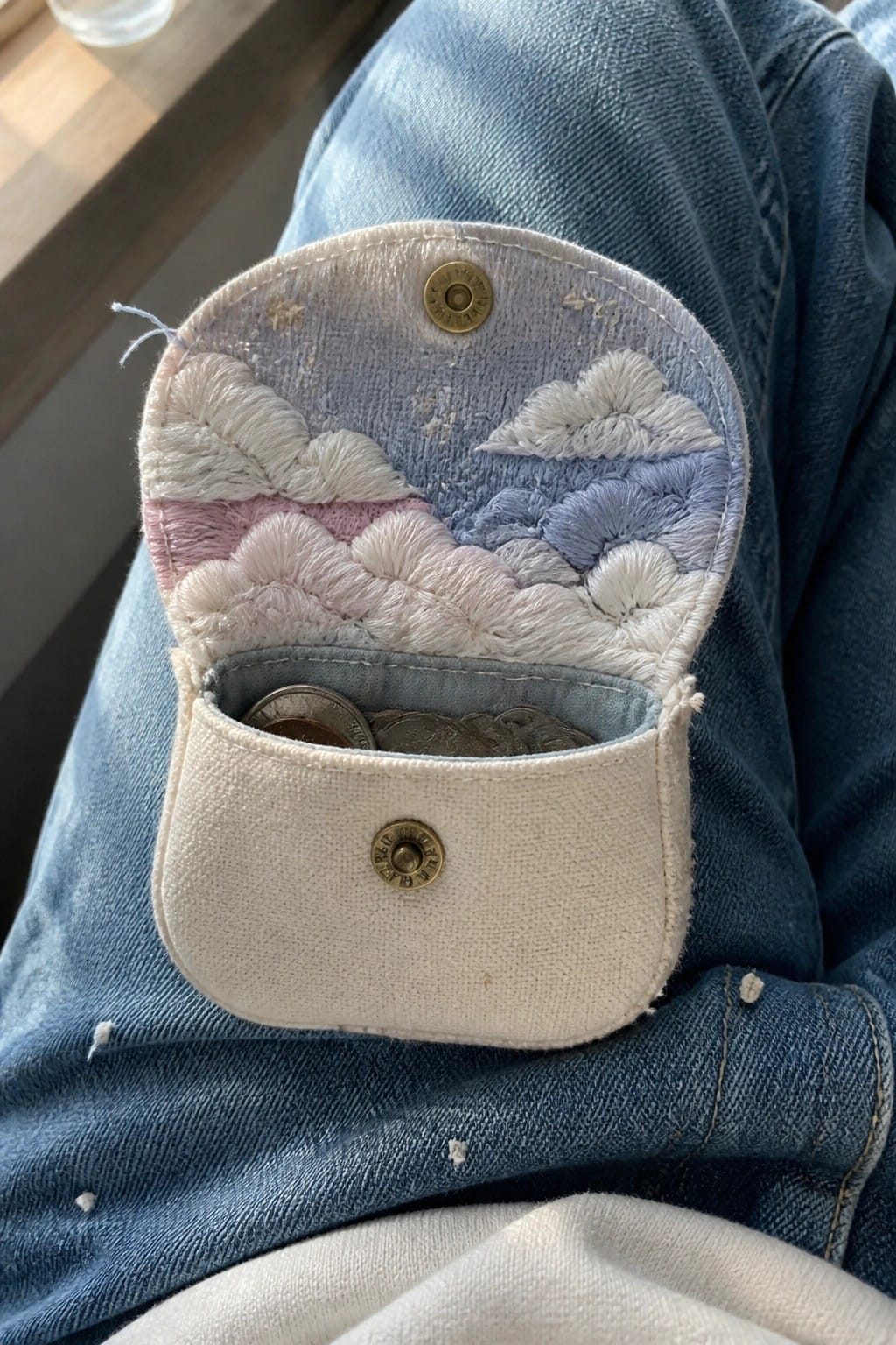 Small canvas pouch with layered pastel cloud embroidery on the flap, snapped closed over coins and attached to blue jeans.