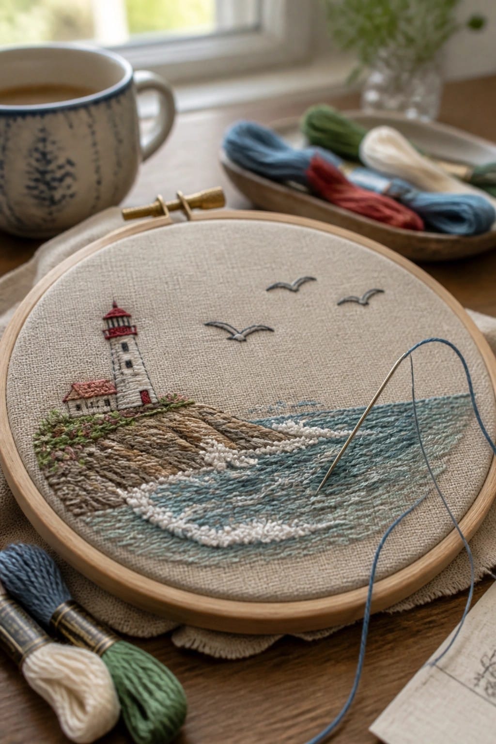 Wooden hoop with embroidered lighthouse, cliff, ocean waves, and stitching needle
