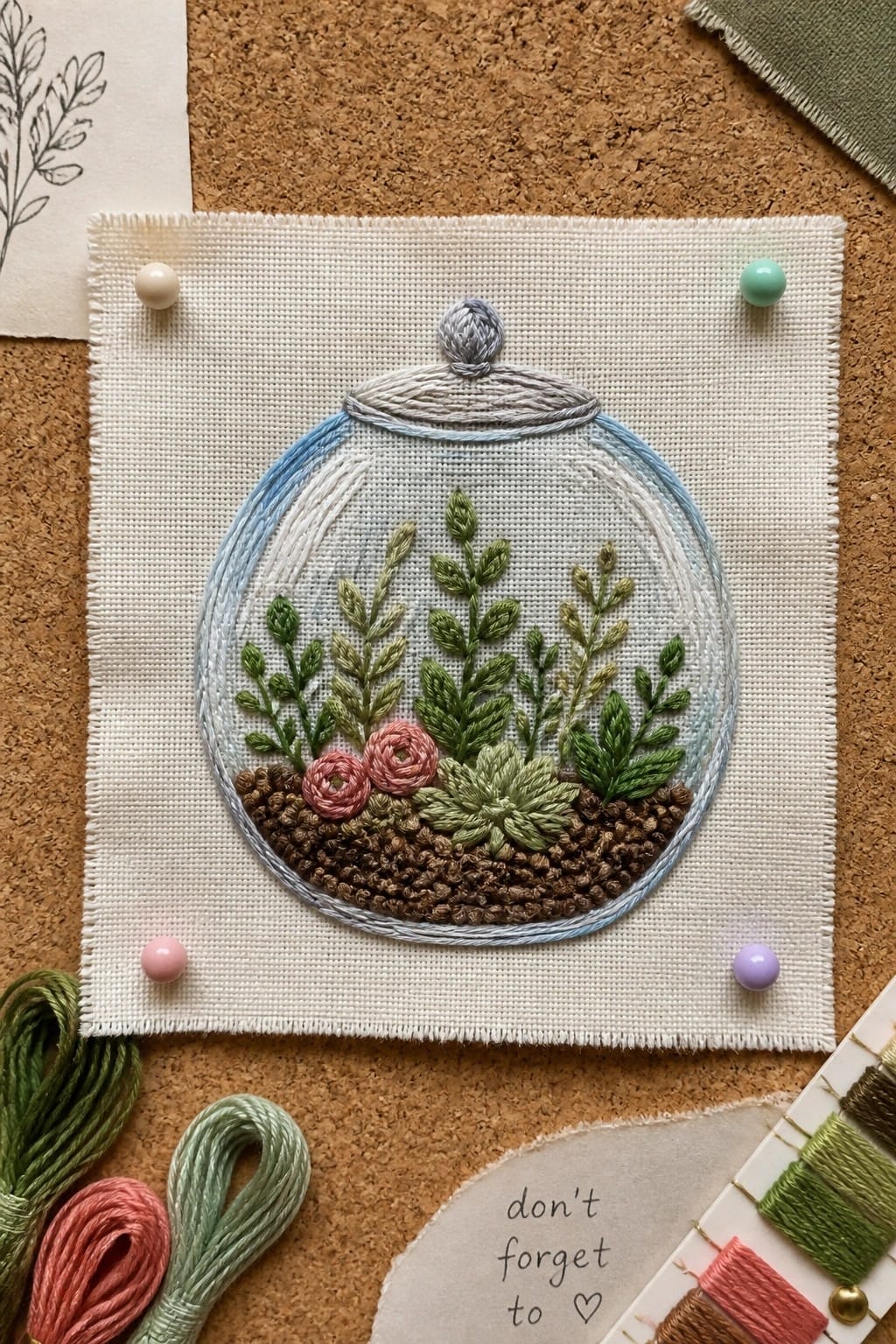 Embroidered glass jar with succulents and plants on white fabric pinned to corkboard