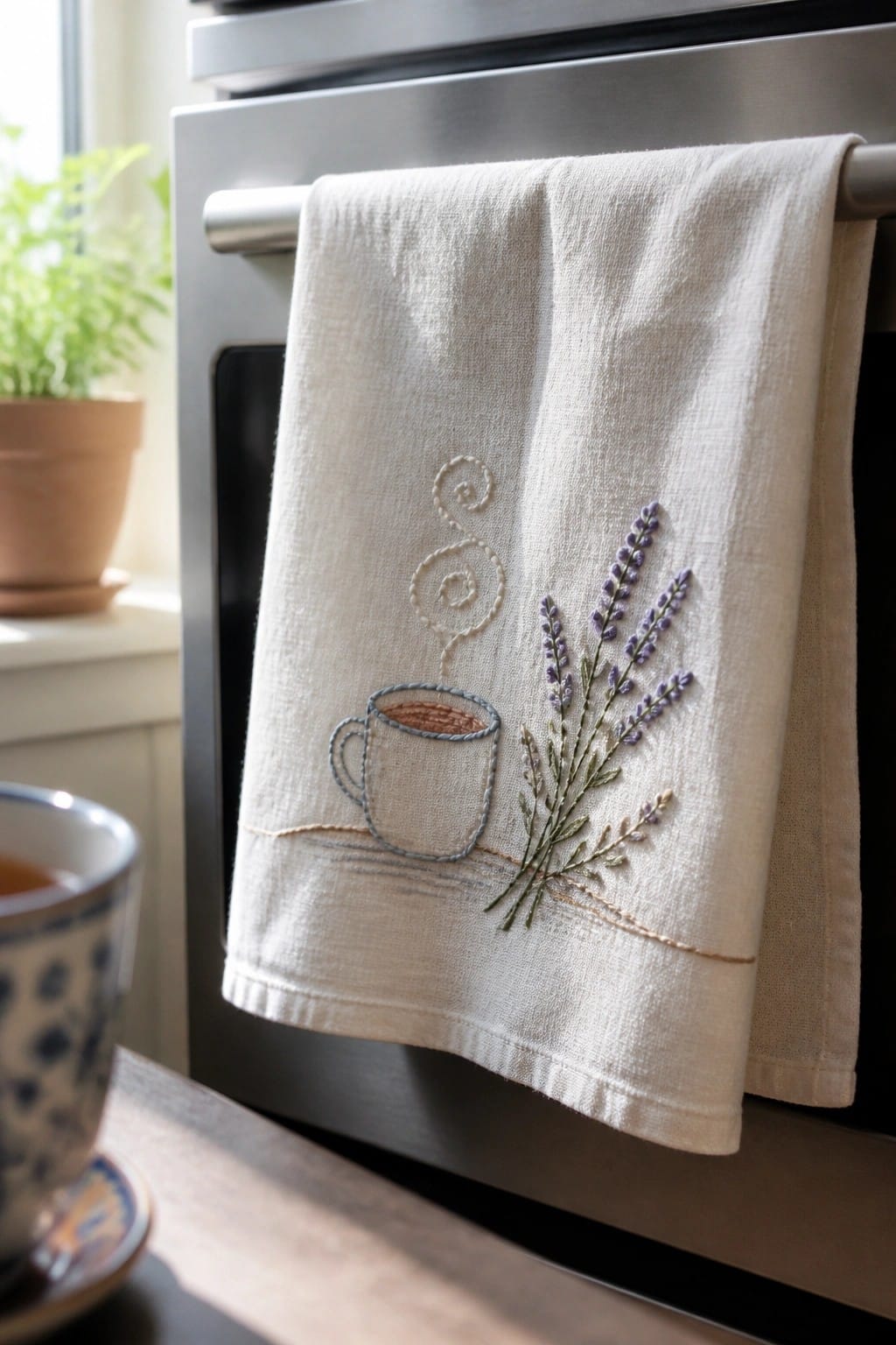 Cream towel embroidered with coffee cup and lavender hanging on oven handle.
